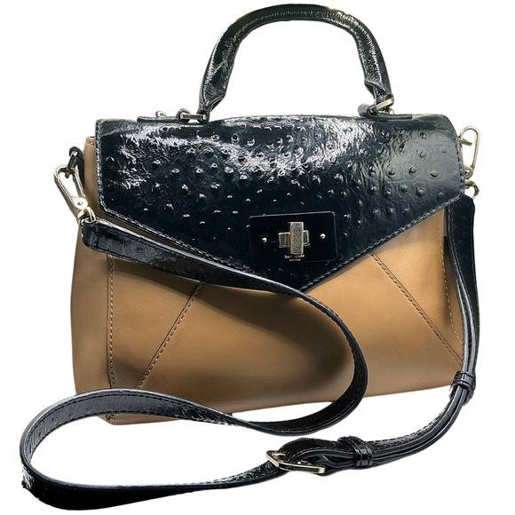 Vintage KATE SPADE New York Satchel Black Patent Leather Dune Brown Leather - Picture 1 of 5